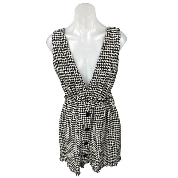 Zara Black White Tweed Button Front Sleeveless Pinafore Vest Mini Dress Size S - Picture 2 of 5